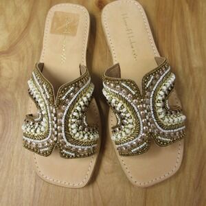 HOUSE OF HARLOW Beaded Embellished Slide Sandals Size 8 Gold Neutral Leather NEW